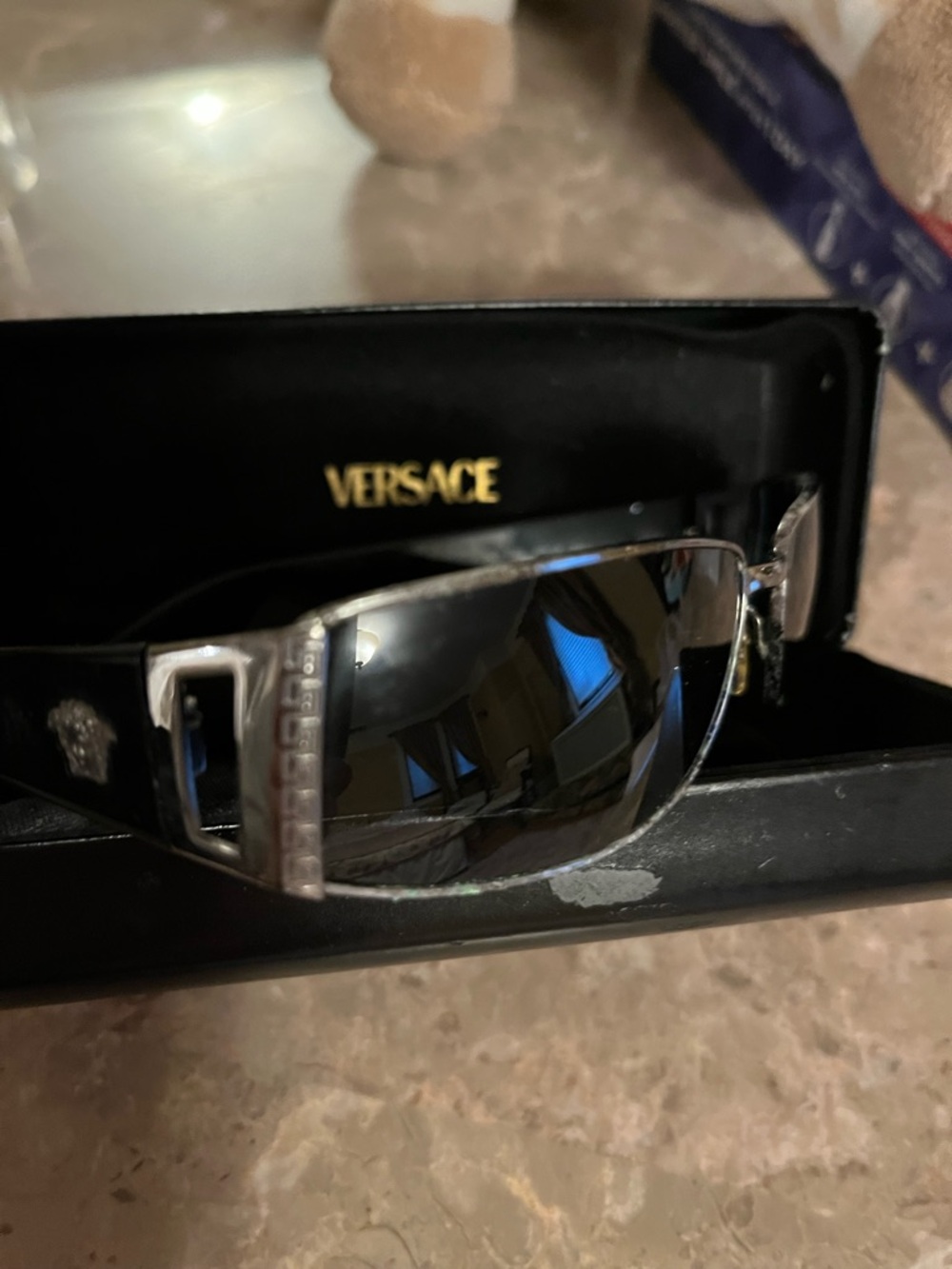 Versace Black Shield Sunglasses with Silver Accents